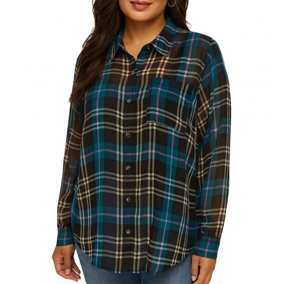 ModCloth blue, black and white plaid button up semi sheer collared blouse/top - Picture 1 of 8